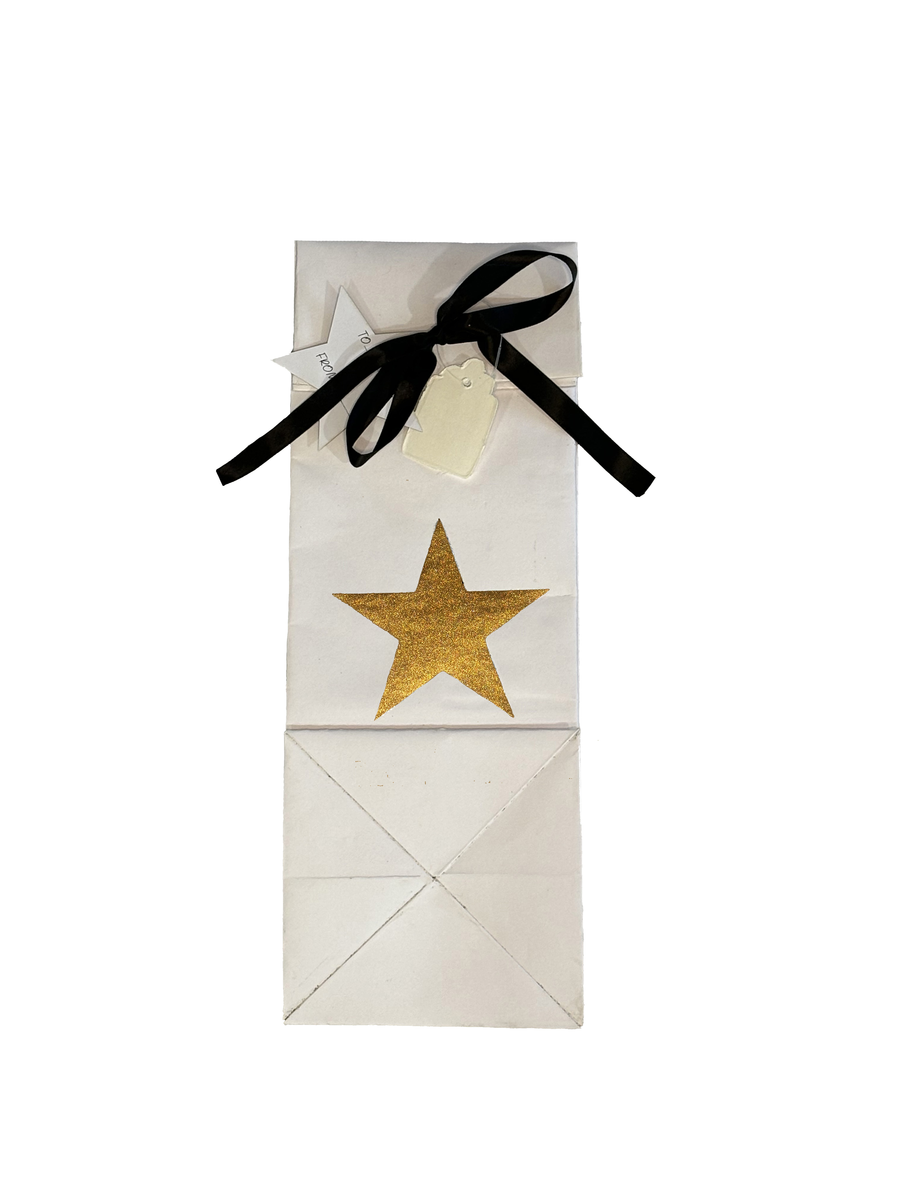 Star Print Paper Bottle Bag White With Antique Gold Glitter Gift