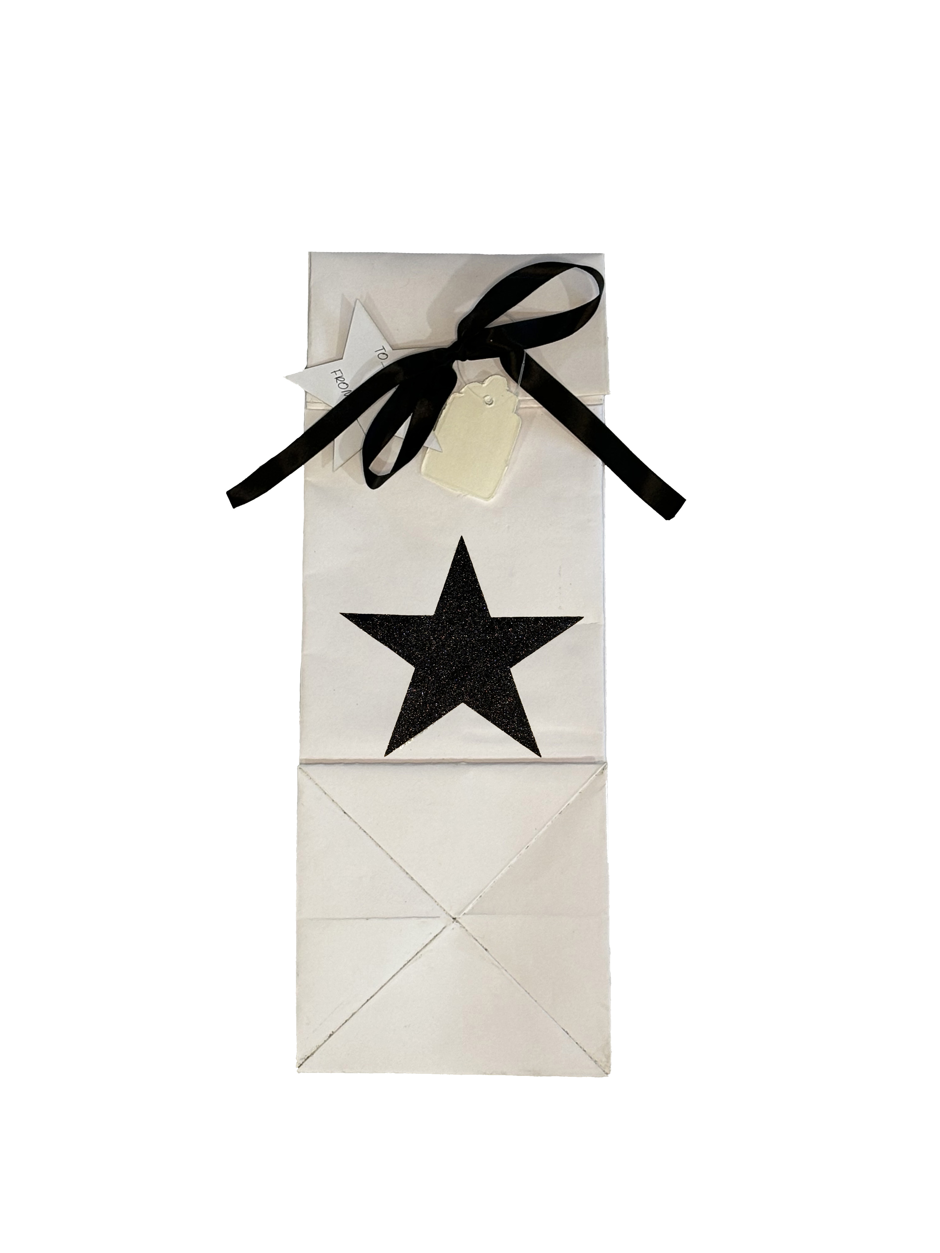 Star Print Paper Bottle Bag White With Black Glitter Gift