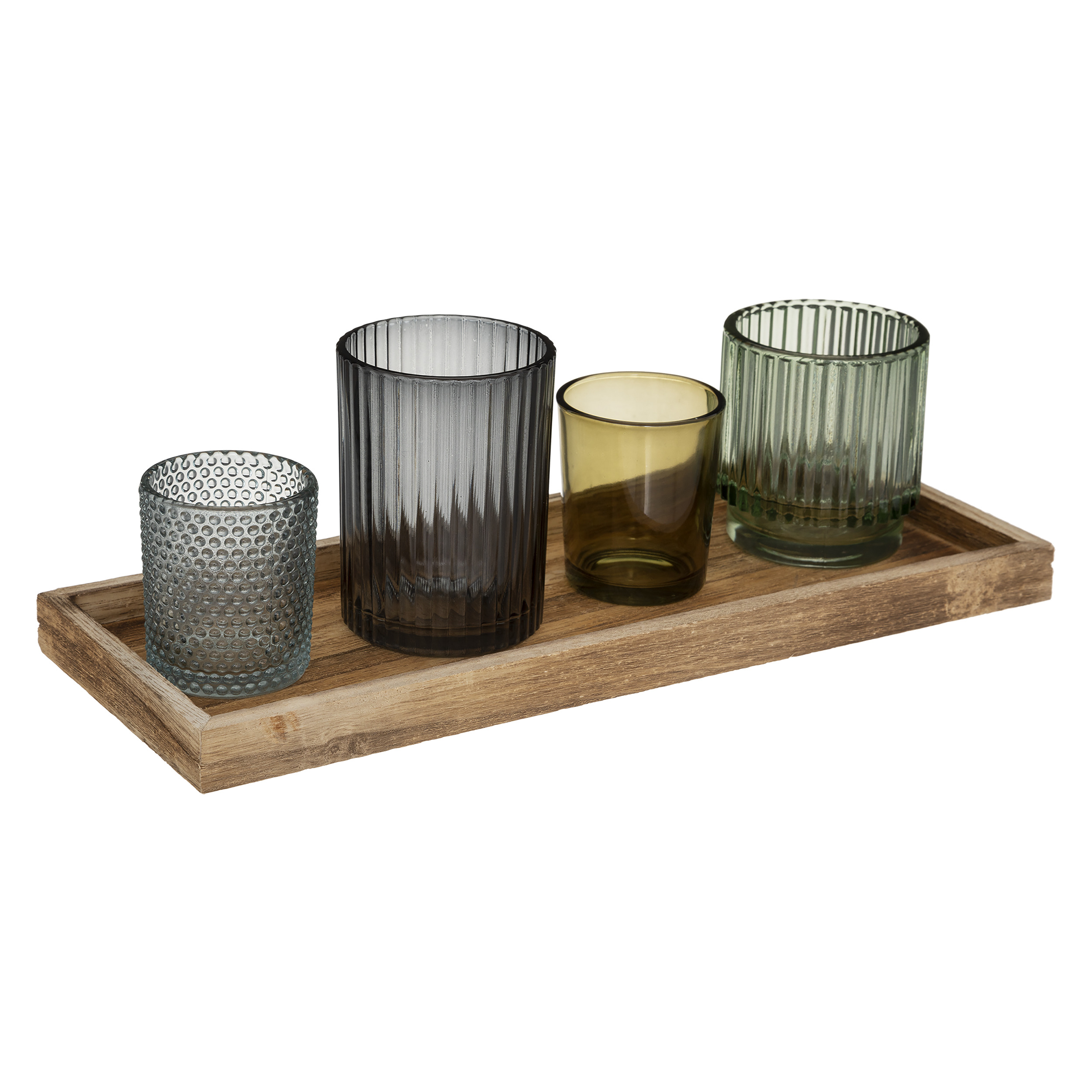 Aw24 Set Of 4 Glass Candle Holders With Wooden Tray Gift