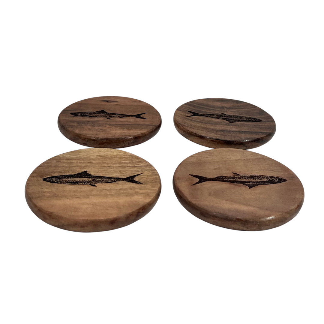 Acacia Wood Sardine Etched Coasters Set/4 Gift