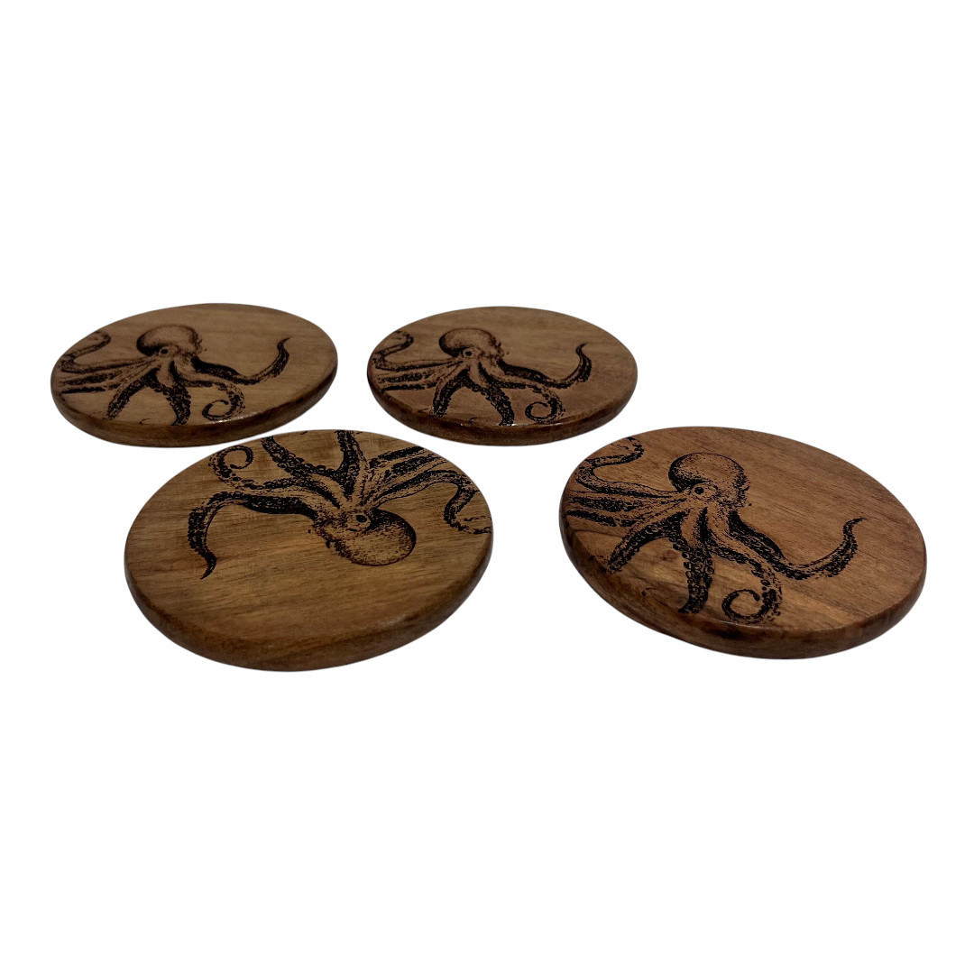 Acacia Wood Octopus Etched Coasters Set/4 Gift