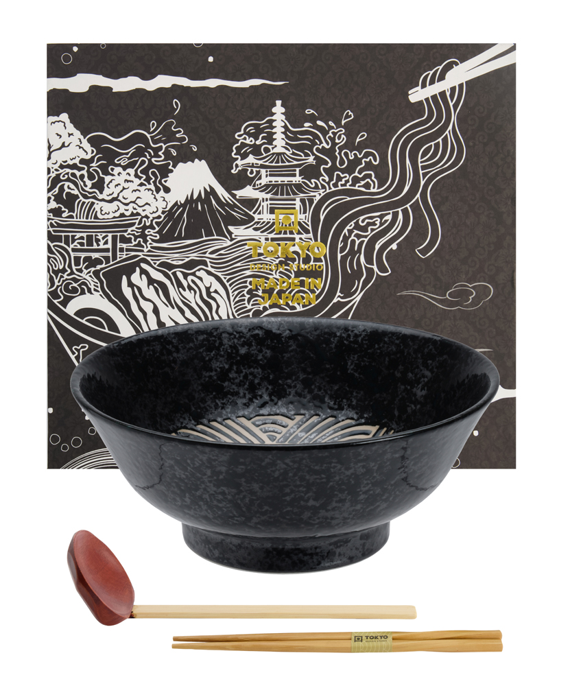 Ramen Bowl 3pcs Giftset 21.3x8.7cm 1250ml Masamura Seikaiha Black Gift