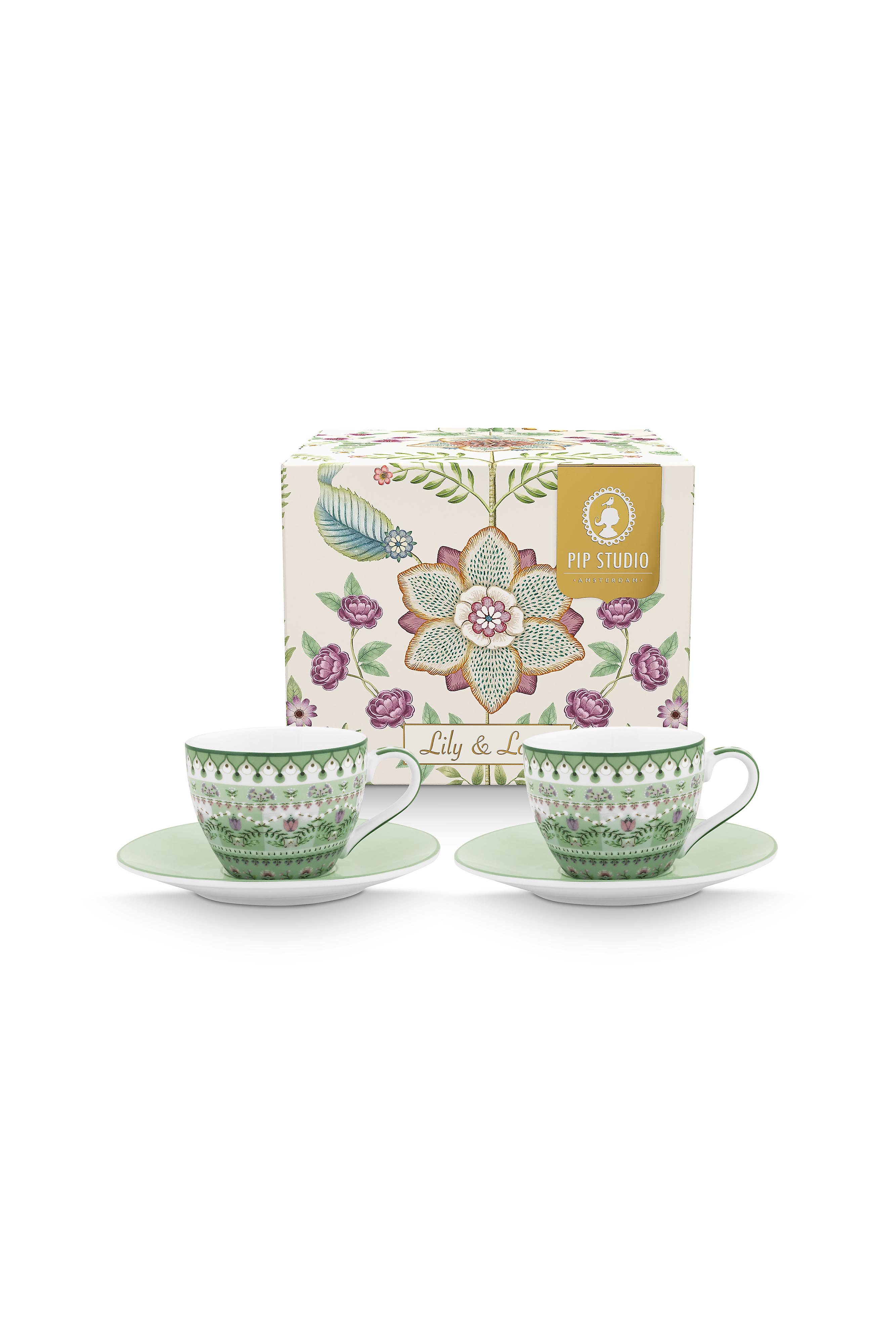 Set/2 Espresso Cups And Saucers Lily & Lotus Light Green 120ml Gift