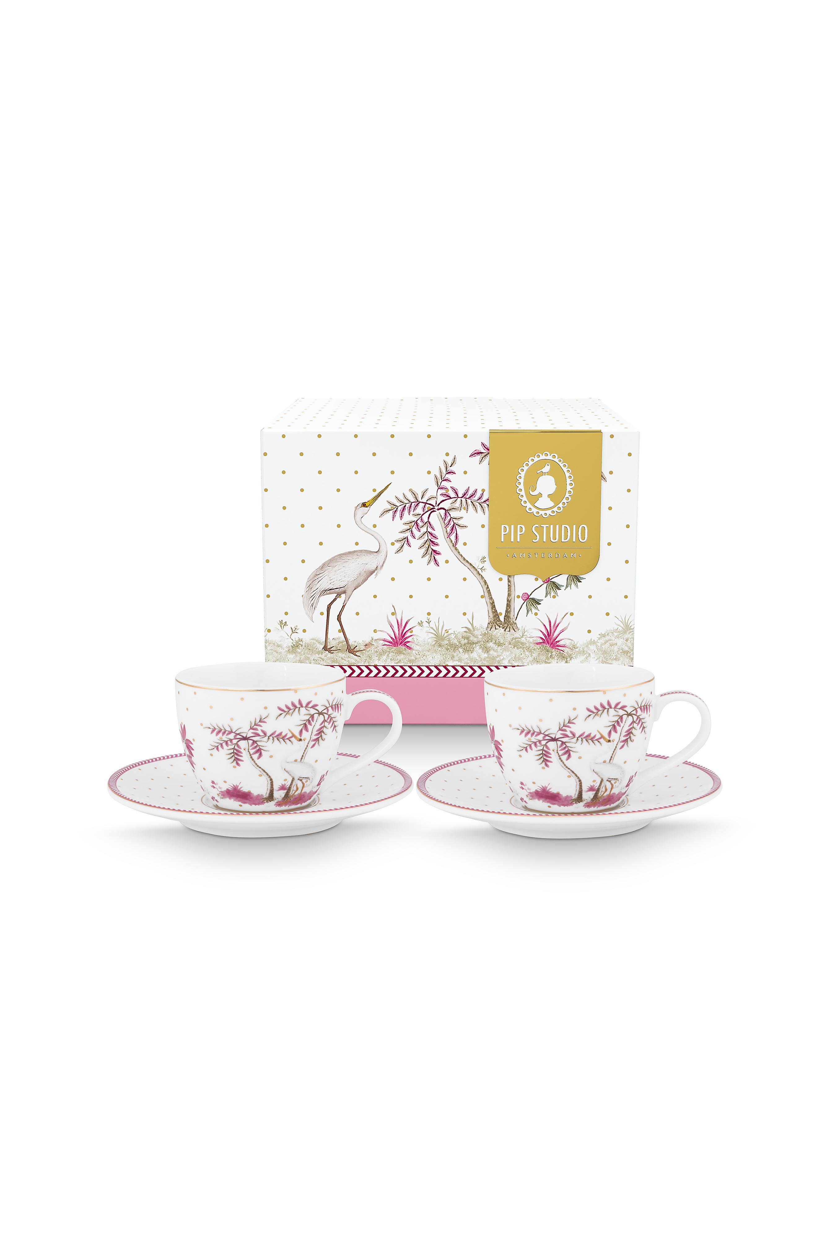 Set/2 Espresso Cups & Saucers Jolie Dots Gold Pink 120ml Gift