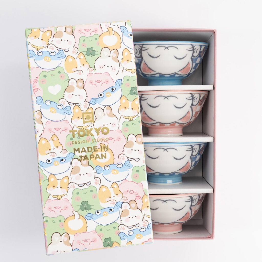 Kawaii Lucky Cat Blue/pink Ricebowl Giftset 4pcs 11.3x5.8cm A 33359 1/20 Gift