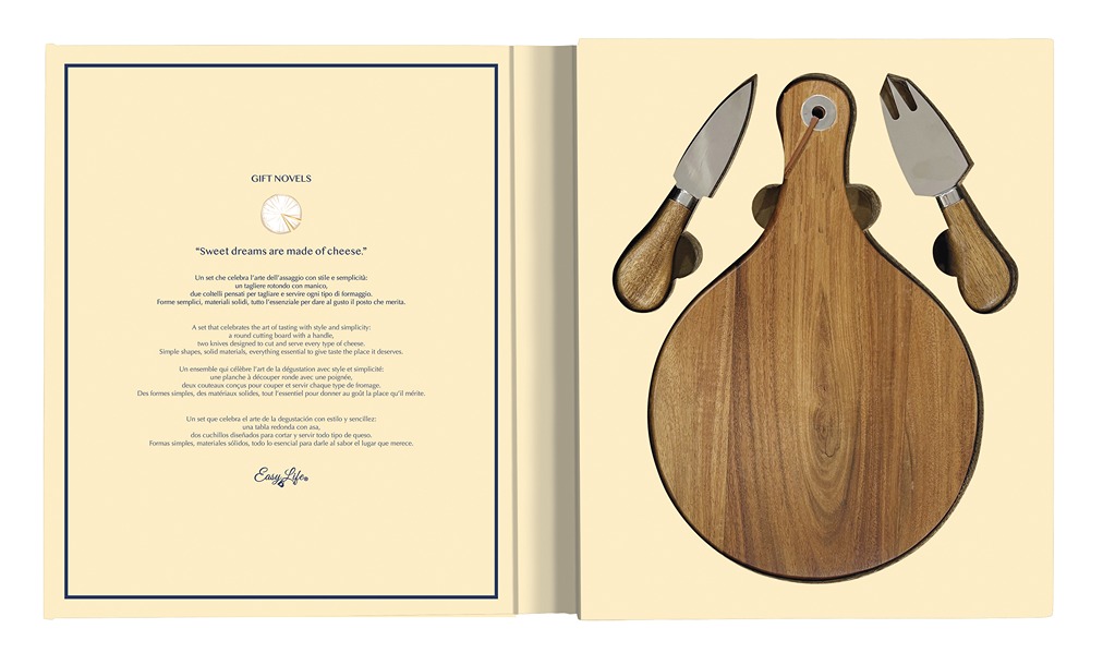 3-piece Cheese Set - 2 Knives + Round Acacia Cutting Board In Gift Novel Gift Box Gift