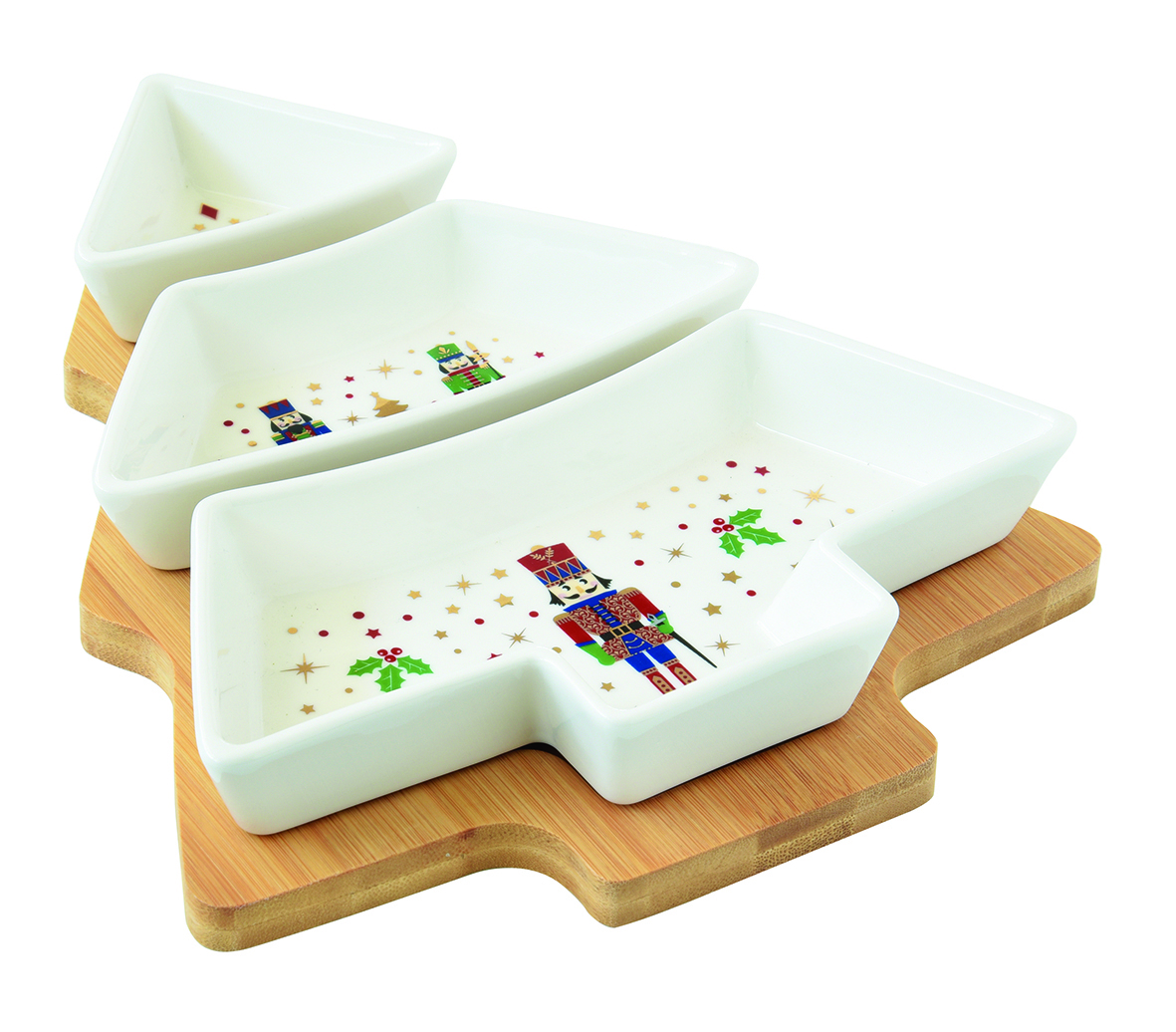 Appetizer Set W/3 Porcelain Bowls On Bamboo Tray 25.5x21 Cb  Nutcracker Gift