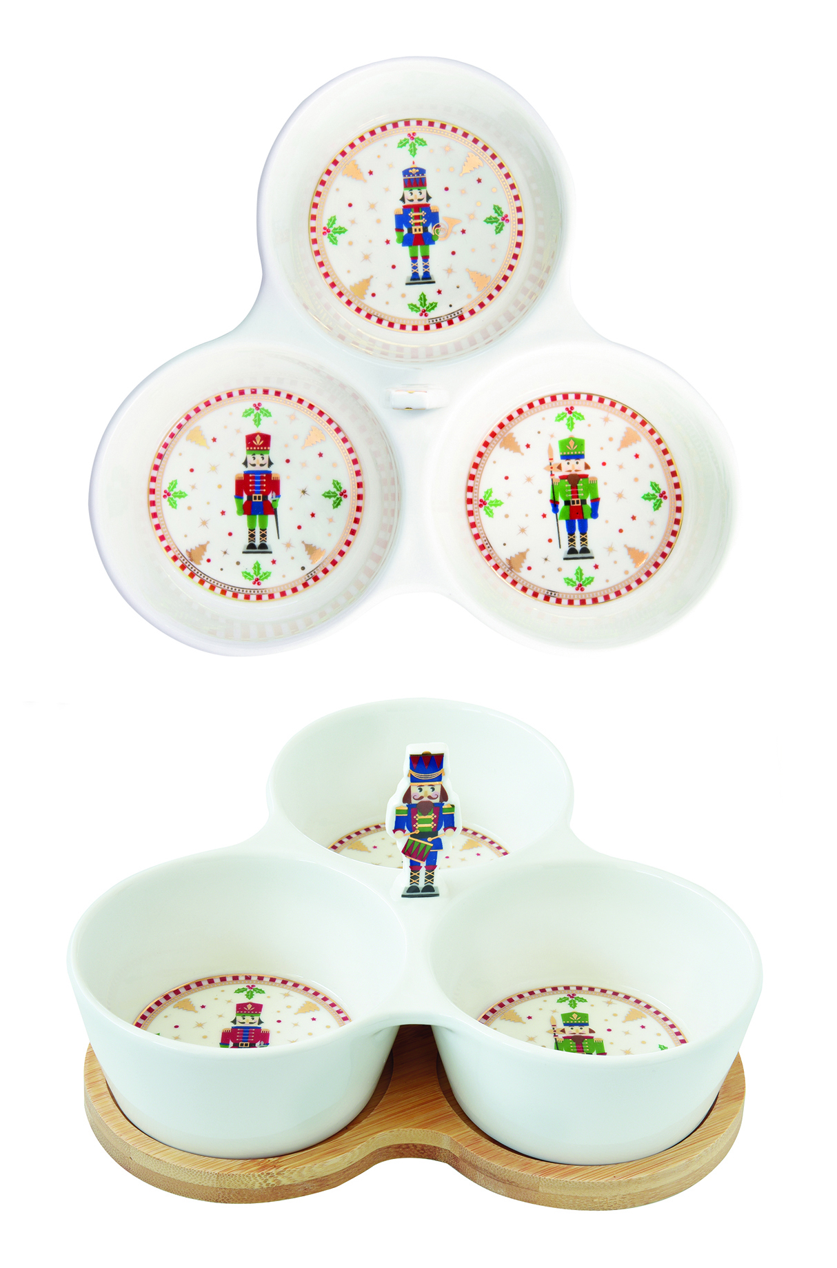 Porc.appetizer Set 20.5x17  W/3 Bowls On Bamboo Tray In C.b. Nutcracker Gift