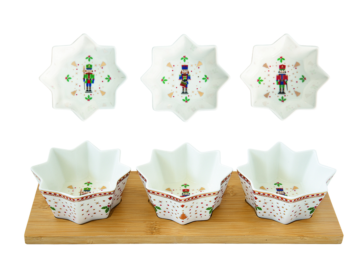 Appetizer Set 34x12 W/3 Porcelain Bowls On Bamboo Tray In Color Box Nutcracker Gift
