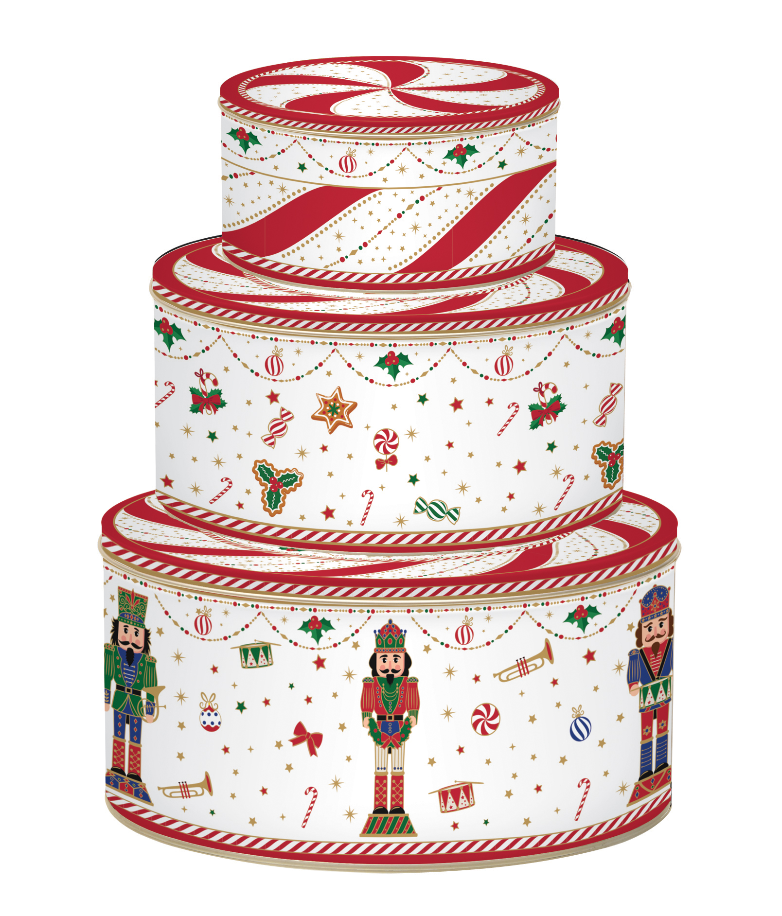 Set 3 Round Nesting Tin Boxes Nutcracker Twist Gift