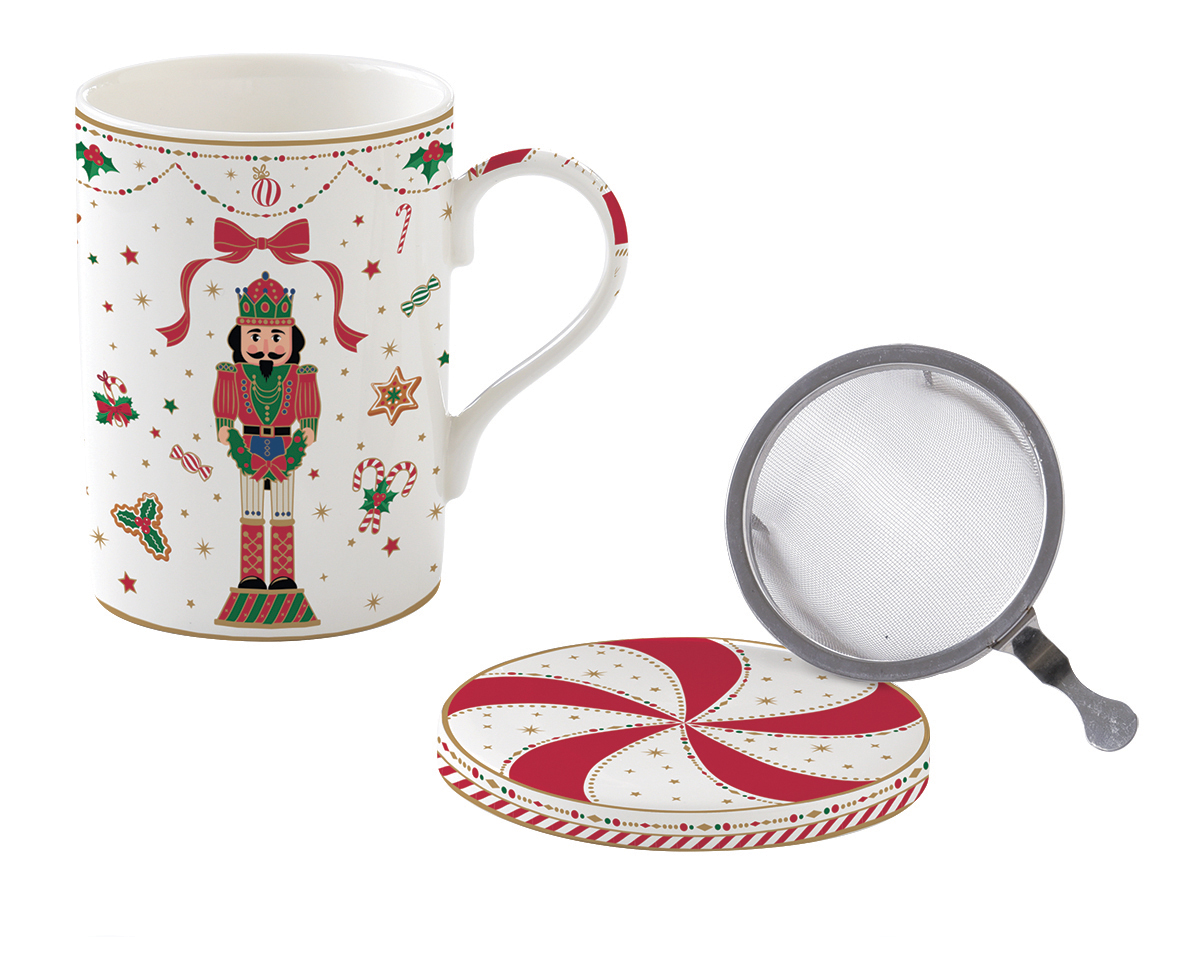 High Quality Fine China Mug 350 Ml With Lid And Metal Infuser In Colour Box Nutcracker Twist Gift