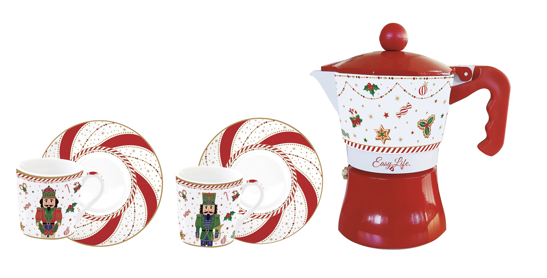 Set 2 Porc.coffee C&s 100 Ml W/coffee Maker In Color Box Nutcracker Twist Gift