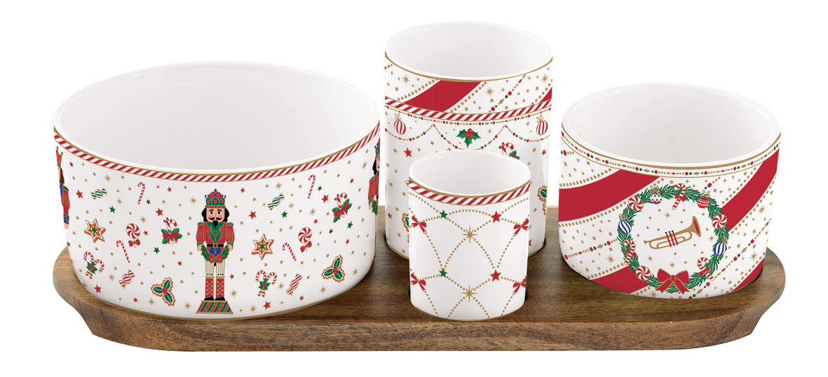 Appetizer Set 29x13 W/4 Porcelain Round Bowls On Acacia Tray In Color Box Nutcra Gift