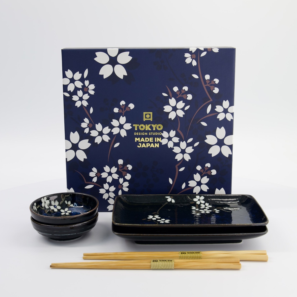 Cobalt Blue Sakura Sushi Giftset 6pcs 20.5x13.2x2.5cm & 9.5x3cm 33821 1/16 Gift