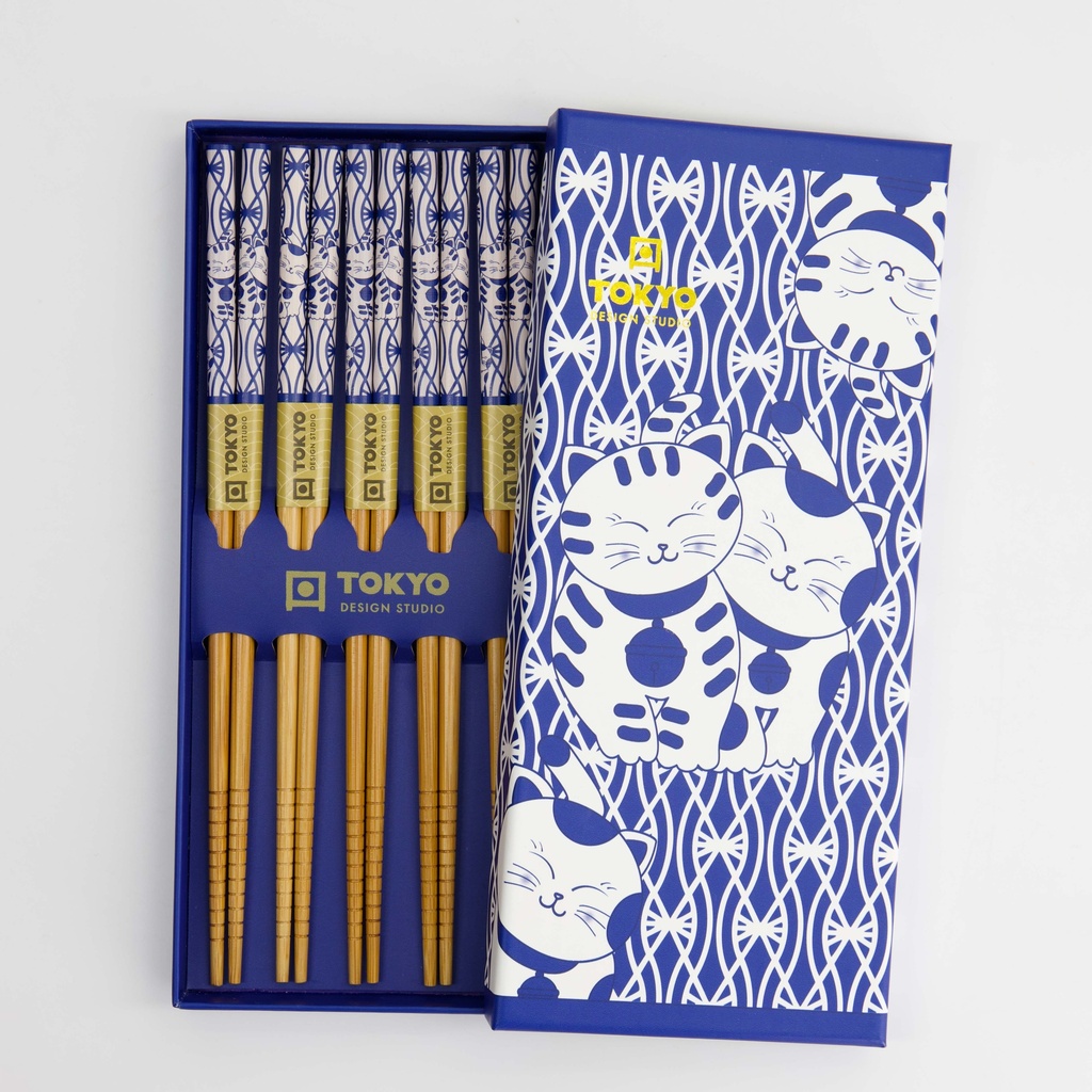 Chopstick Giftset/5 Neko Cat Blue Ah-01 33935 1/100 Gift
