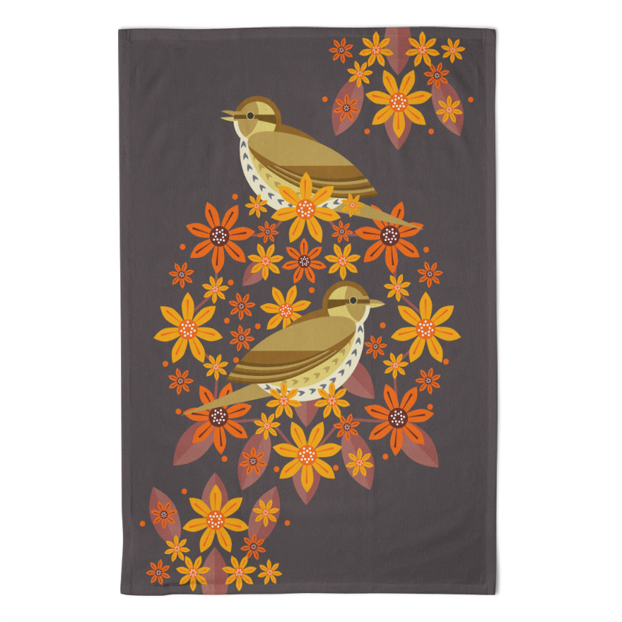 I Like Birds Blooms Tea Towel Song Thrush Gift
